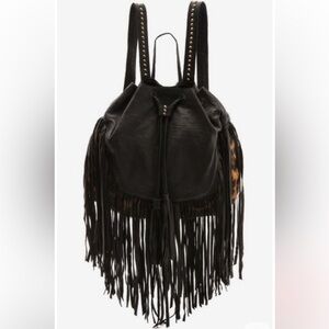 Cleobella leather Fringed Drawstring Backpack - Black/leopard print